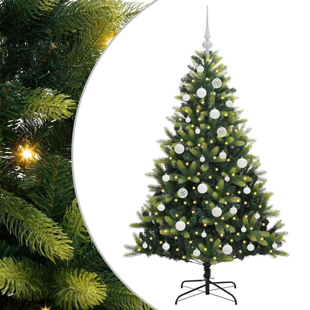 Kunstig hængslet juletræ med 150 LED-lys Grøn 150 cm PVC og PE