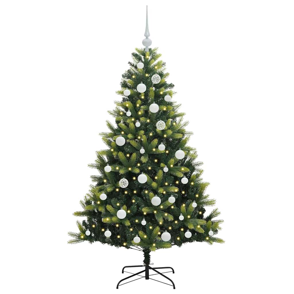 Kunstig hængslet juletræ med 150 LED-lys Grøn 150 cm PVC og PE