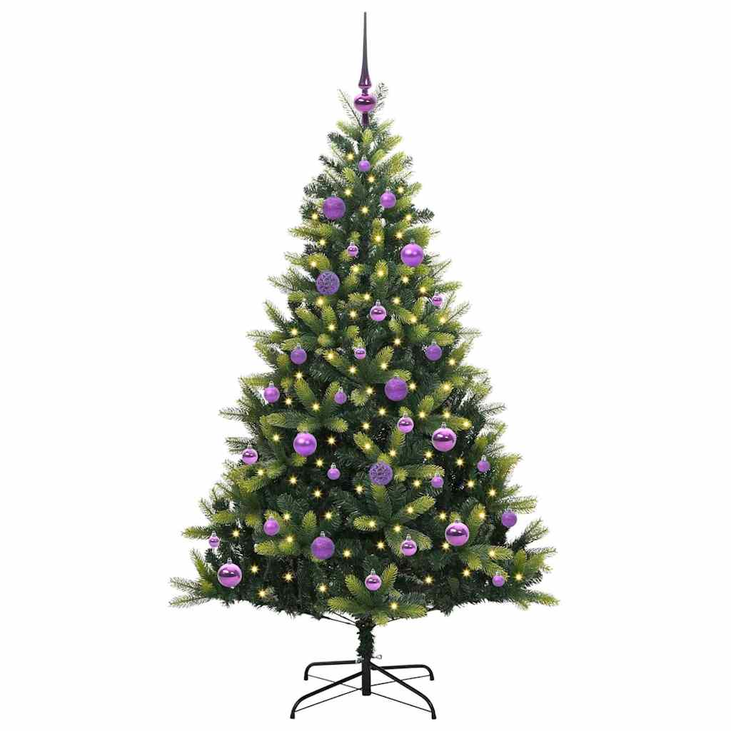 Kunstig hængslet juletræ med 150 LED-lys Grøn 150 cm PVC og PE