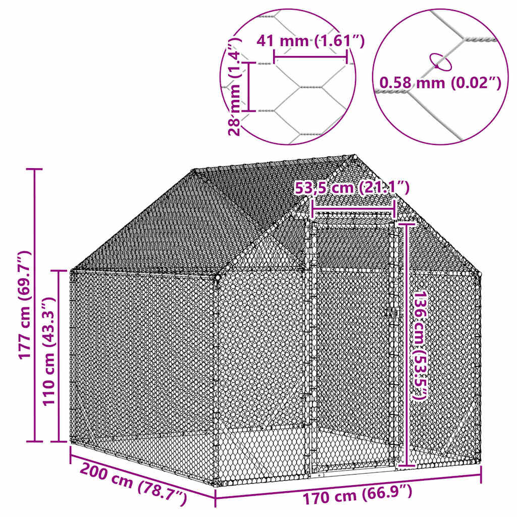 Hønsebur Sølv 200x170x177cm Galvaniseret stål