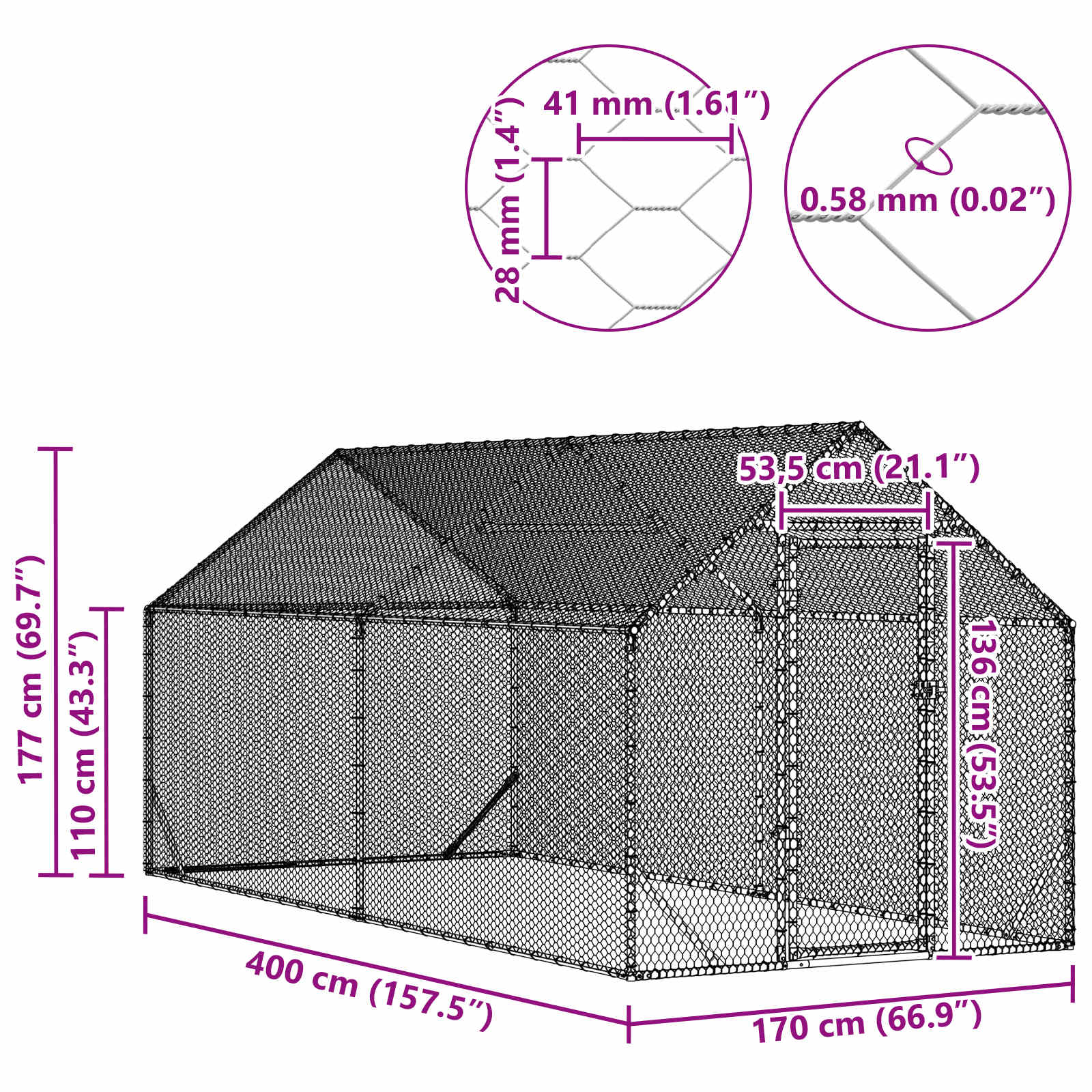 Hønsebur Sølv 400x170x177cm Galvaniseret stål
