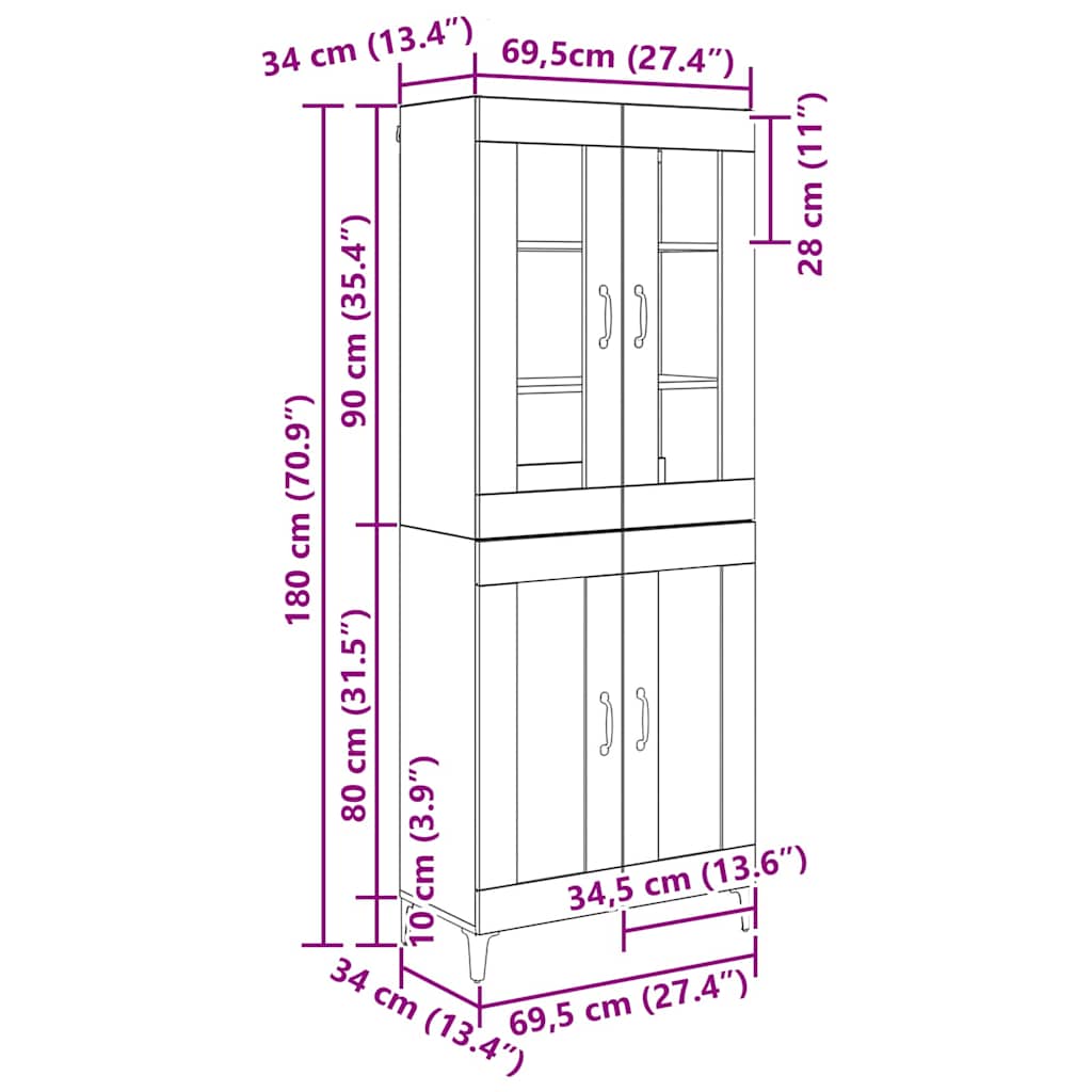 Highboard Gammelt træ 69,5 x 34 x 180 cm Konstrueret træ