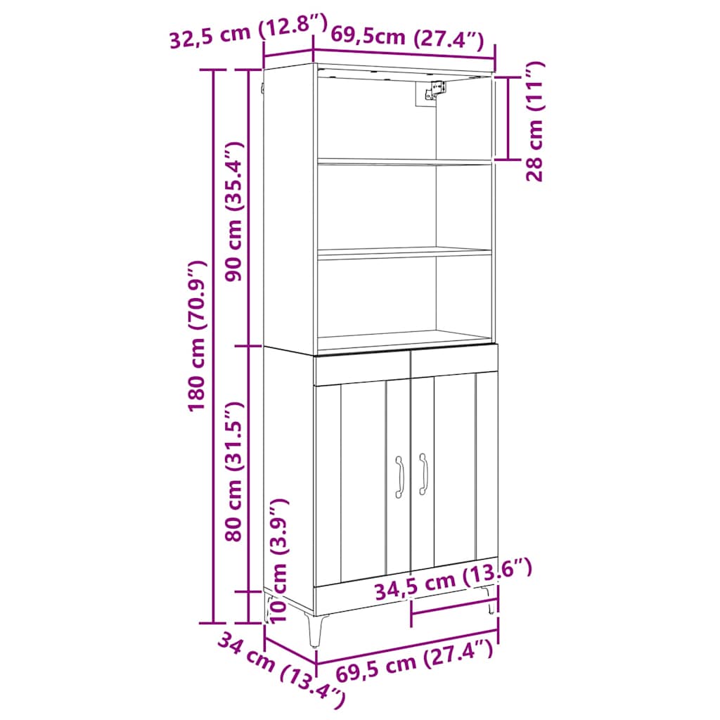 Highboard Artisan Egetræ 69,5 x 34 x 180 cm Konstrueret træ