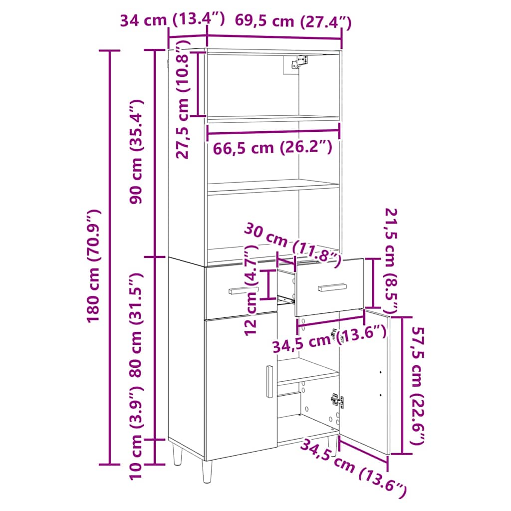 Highboard Artisan Egetræ 69,5 x 32,5 x 180 cm Konstrueret træ