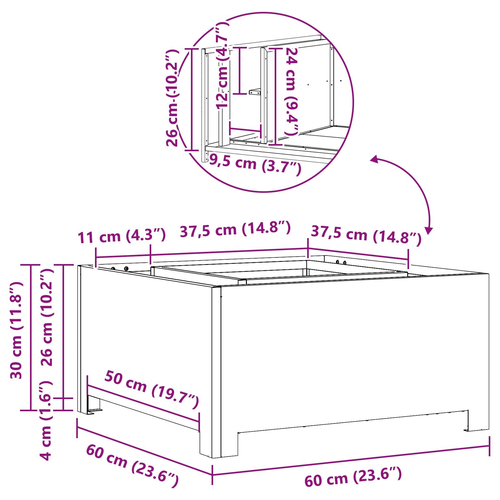 Fyrsted rektangulær Sort 60x60x30 cm Stål