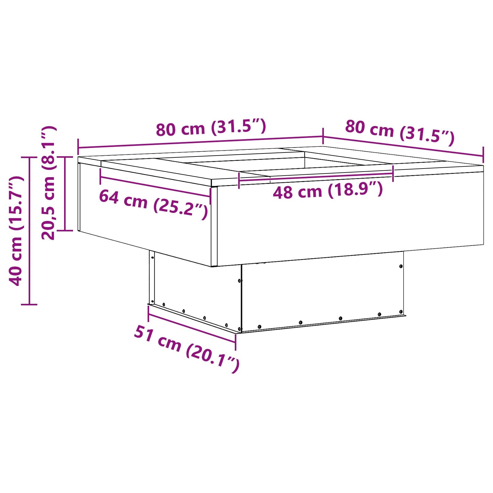 Fyrfad Firkantet Sort 80x80x40 cm i Stål