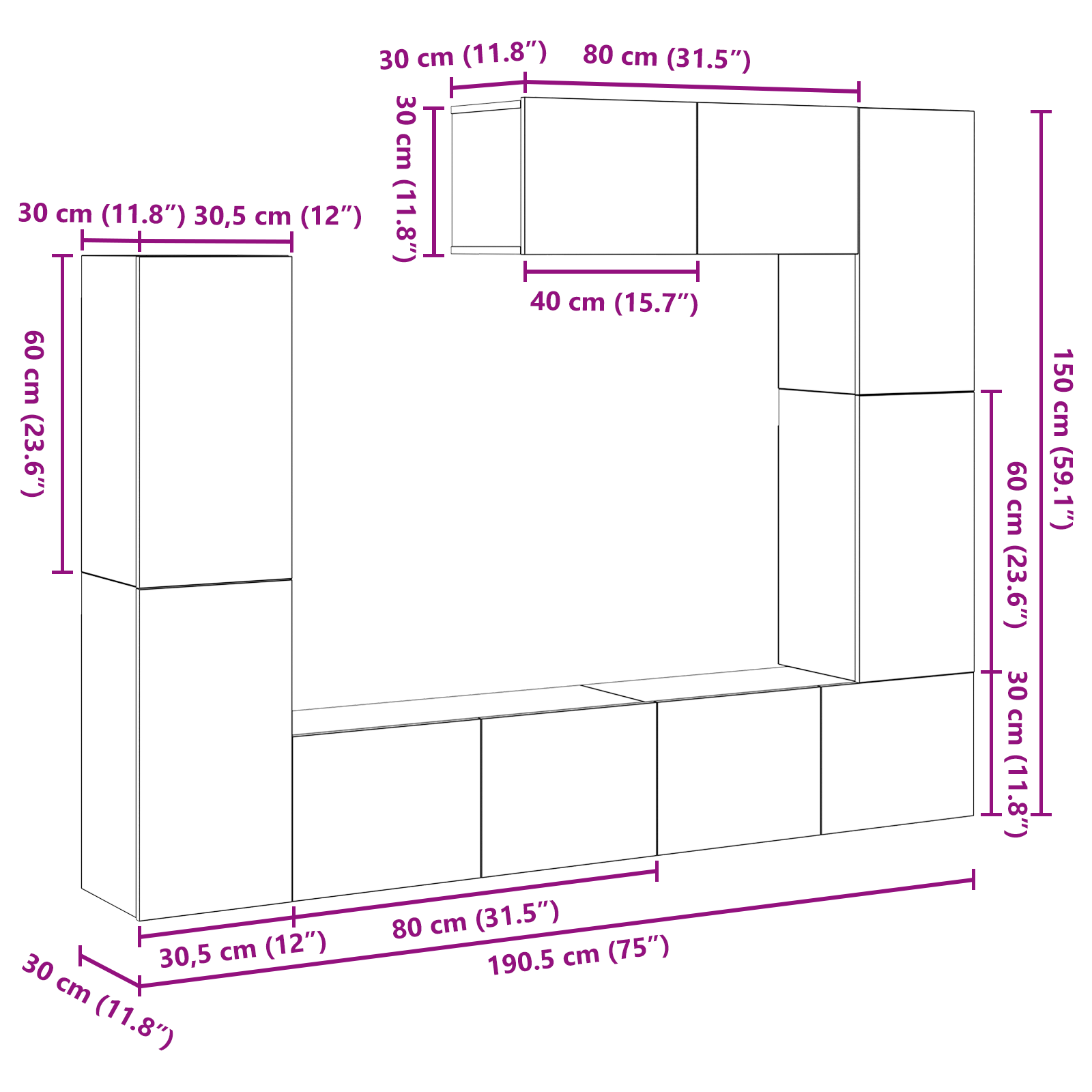 TV-møbelsæt 7 pcs Gammelt træ 80 x 30 x 30 cm Konstrueret træ